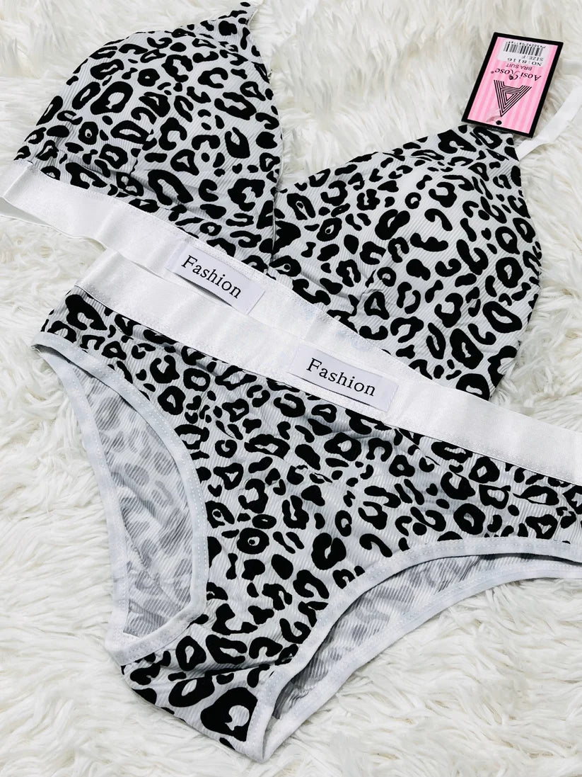 Women Seamless Leopard Print Low Waist Cotton Bralette Set