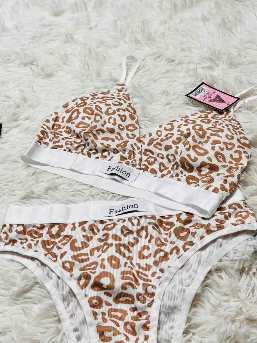 Women Seamless Leopard Print Low Waist Cotton Bralette Set